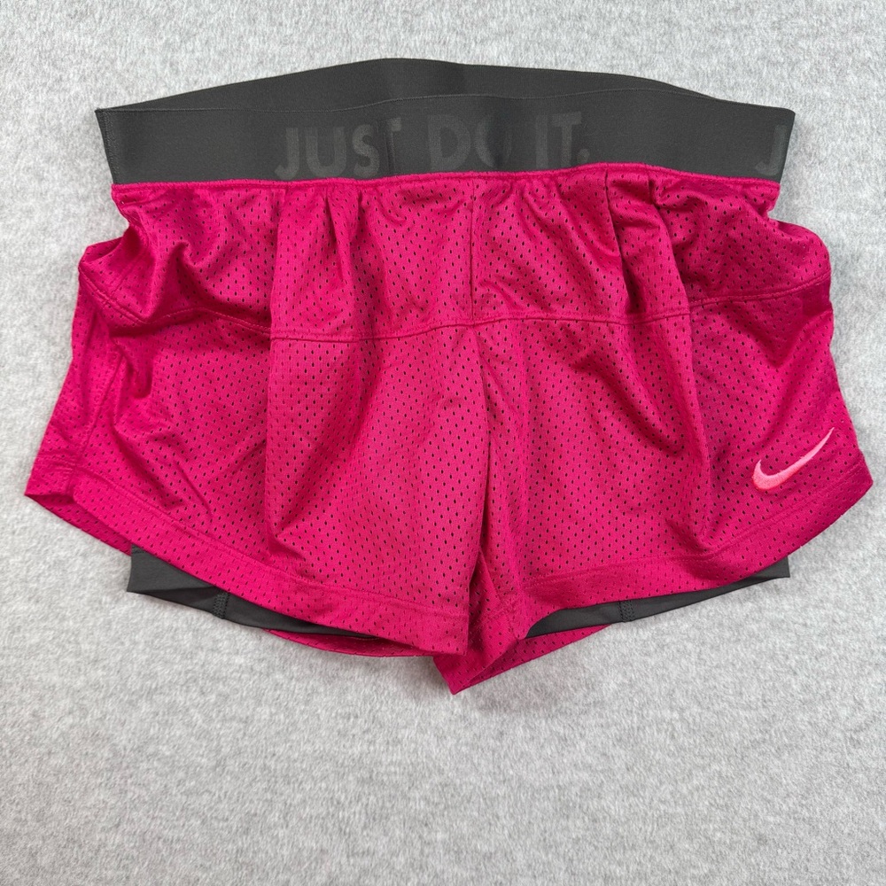 Nike Womens Dri-Fit Double Up Shorts Size Small Pink and Gray Running Athletic